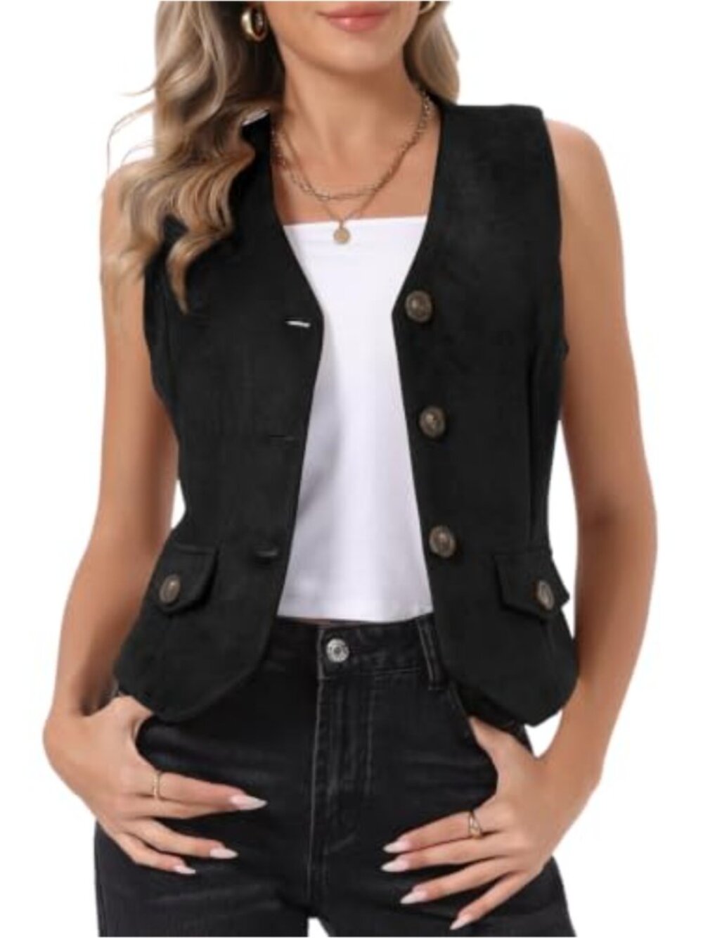Faux Suede Button Front Vest Womens Fall V Neck Waistcoat